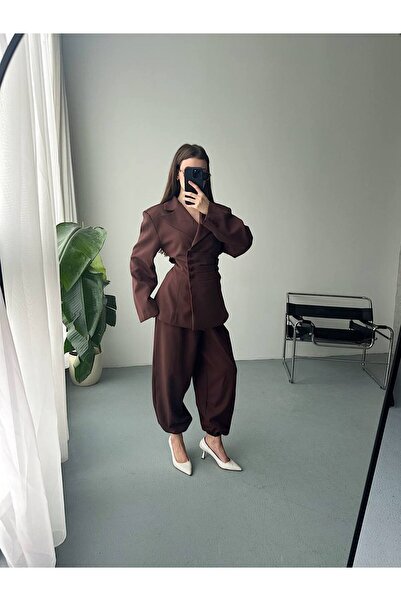 ZF BUTİK Women's Double-Breasted Collar Waist Detailed Jacket and Trousers Set