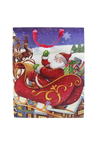 OEM Geantă cadou Moș Crăciun, 43x55x15 cm, diverse imprimeuri, mâner cu panglică