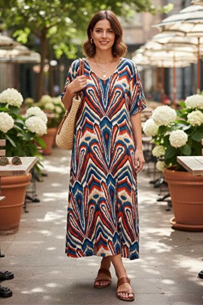 yb yağmur butik فستان فيسكوز منقوش برقبة على شكل V