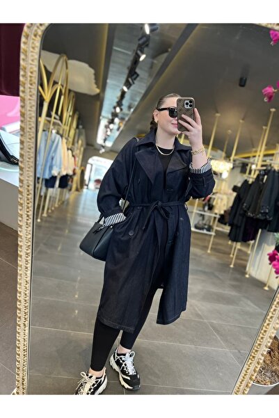 SERAP ESER EXCLUSIVE Style Elan - Striped Sleeves Navy Blue Denim Trench Coat