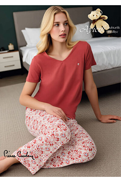 Pierre Cardin Жіночий комплект піжами з червоним коротким рукавом і V-подібни...