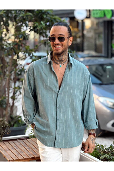 manch collection Oversize Wide Striped Linen Shirt Mint