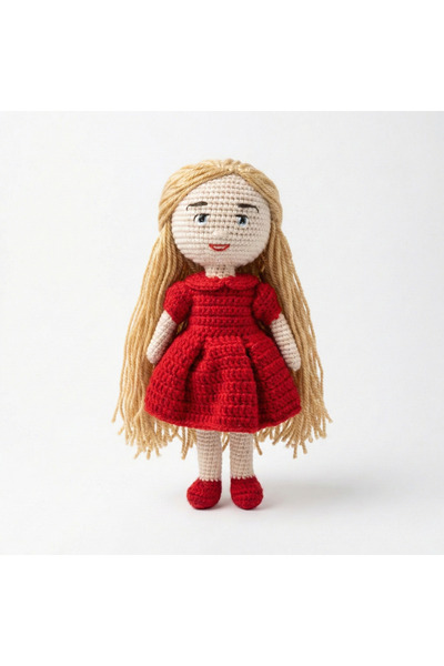 Prime Sleeks El Örgüsü Amigurumi Uzun Saçlı Kız Bebek 25 cm Pamuklu Uyku Arka...