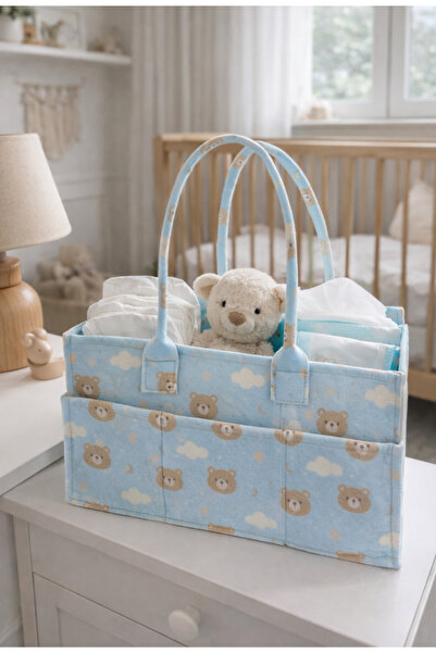 CERTIVA Kids Sevimli Mavi Ayıcık Desenli Keçe Bebek Organizer Çantası – Çok Bölmeli Bebek Bakım Çantası