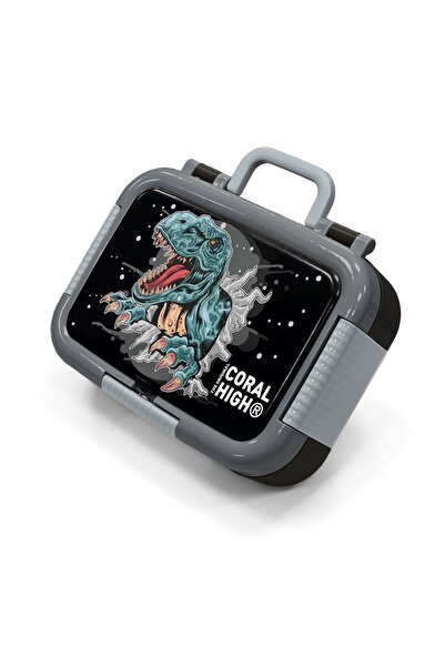 Coral High Dark Gray Black Dinosaur Patterned Stainless Steel Lunch Box 39343