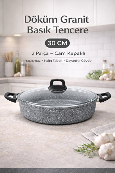 FIDUCIA 30 cm Granite Cast Iron Pot with Glass Lid, 2 Pieces, Non-Stick Thick...