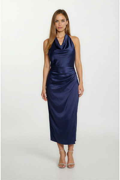 Spazio Sagnier Degaje Yaka Boyundan Bağlamalı Asimetrik Etek Midi Abiye Elbis...