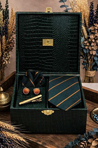 Kravatkolik Green Men's Gift Box - Tie, Handkerchief, Cufflinks, Tie Clip Set...