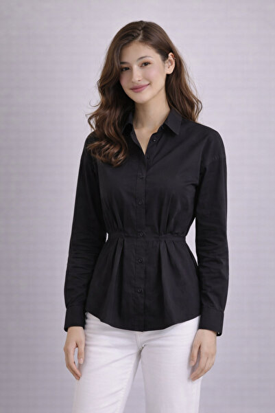 Kureyzibies Women's Poplin Waist Detailed Long Sleeve Shirt