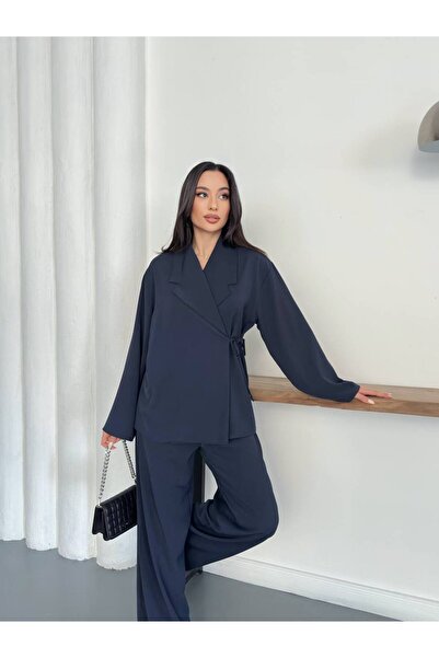 ZF BUTİK Women's Double-Breasted Collar Waist Tie Detailed Trouser Suit