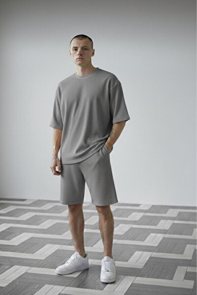 CAST COLLECTİON Men's Gray Ottoman Ribbed Oversize T-Shirt Shorts Set