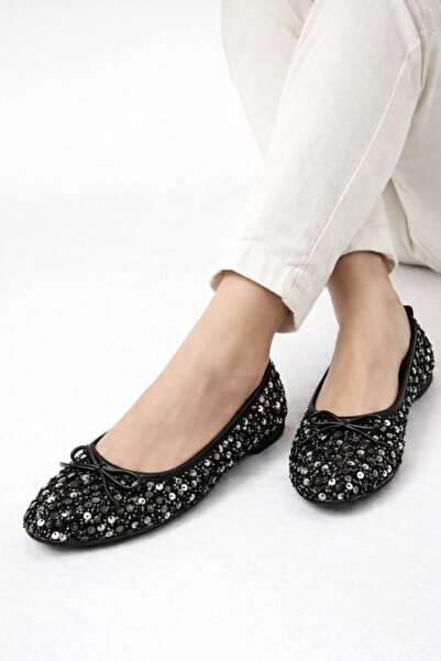 redtan Women's Black-Silver Sequined Ballerinas Modern Design Casual Shoes