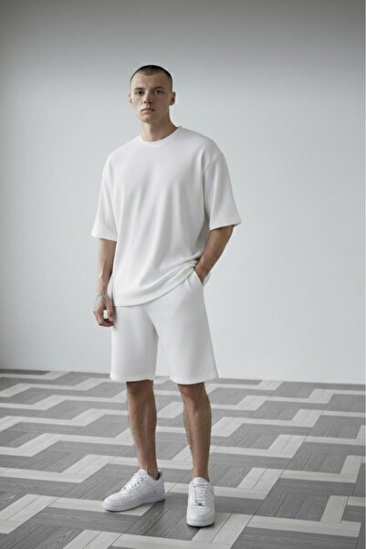 CAST COLLECTİON Men's White Ottoman Ribbed Oversize T-Shirt Shorts Set