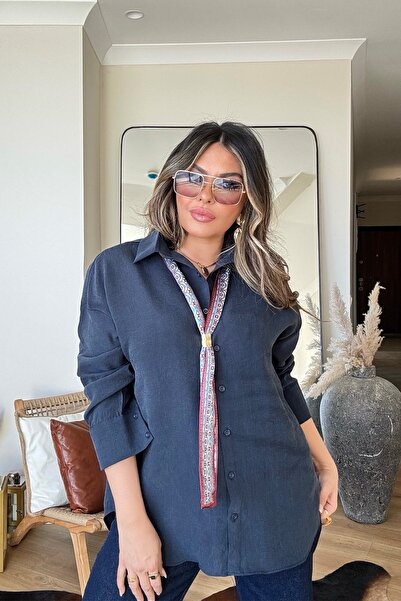 Sohotique By P Voile Fabric Shirt with Scarf Navy Blue