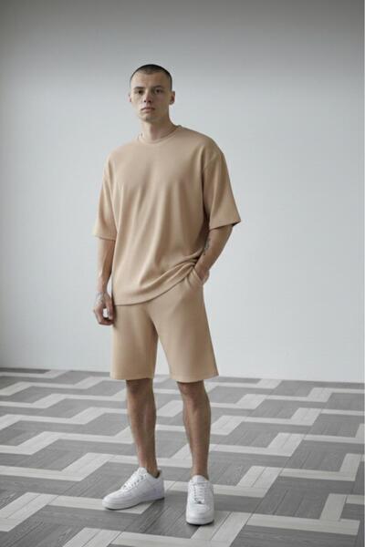 CAST COLLECTİON Men's Beige Ottoman Ribbed Oversize T-Shirt Shorts Set
