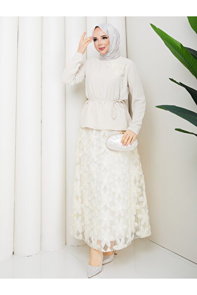 Wual giyim Women's Floral Embroidered Hijab Two-Piece Set – Belted Top & Lace...