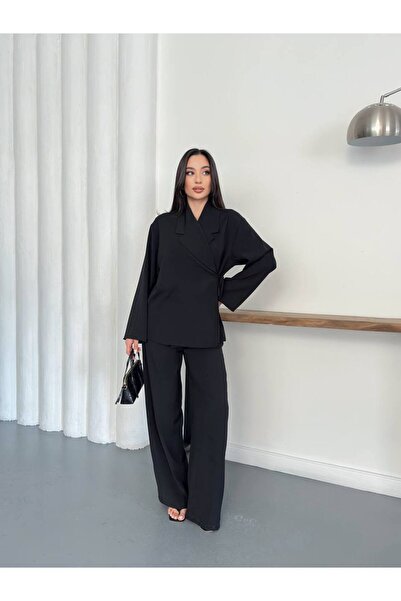 ZF BUTİK Women's Double-Breasted Collar Waist Tie Detailed Trouser Suit