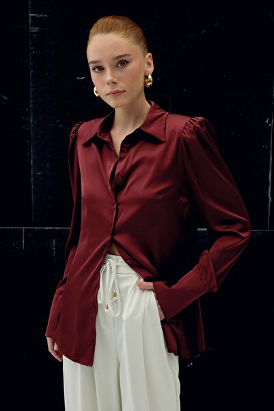 Sateen Padded Satin Shirt - Burgundy