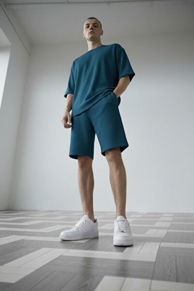 CAST COLLECTİON Men's Petrol Blue Ottoman Ribbed Oversize T-Shirt Shorts Set