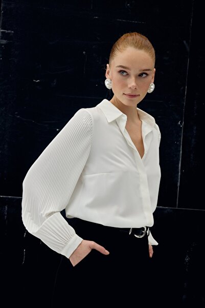 Sateen Pleated Sleeve Shirt - Ecru