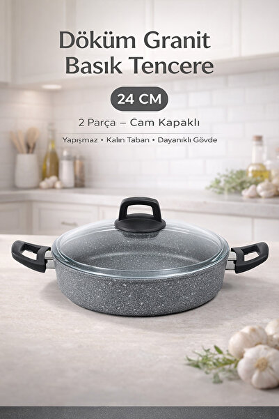 FIDUCIA 24 cm Granite Cast Iron Pot with Glass Lid, 2 Pieces, Non-Stick Thick...