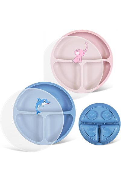 OEM Farfurii din silicon pentru copii cu ventuză și capac - 2 buc, Compartime...