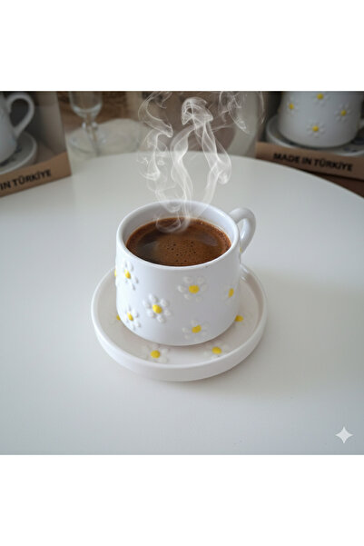 Genel Markalar El Yapımı Papatya Kabartmalı Seramik Kahve &Çay Fincanı ve Tabağı