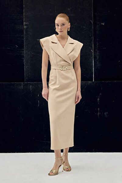 Sateen Accessory Detailed Maxi Dress - Beige