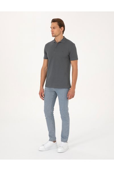 Pierre Cardin Anthracite Slim Fit 100% Cotton Non-Curling Buttoned Polo Collar Basic T-Shirt 50325323-Vr006