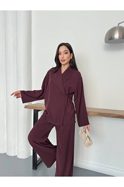 ZF BUTİK Women's Double-Breasted Collar Waist Tie Detailed Trouser Suit