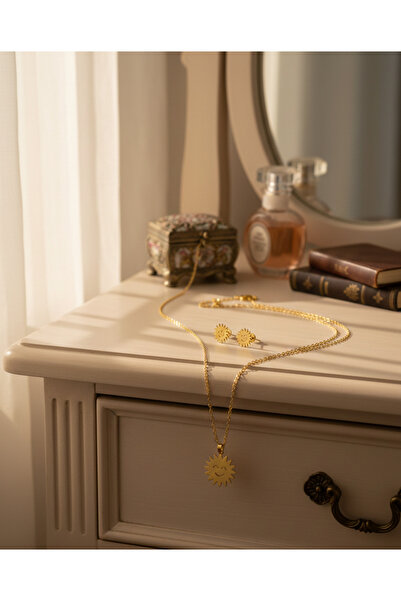 Mateo Caballo Set colier si cercei auriu cu soare zambitor, otel inoxidabil, ...