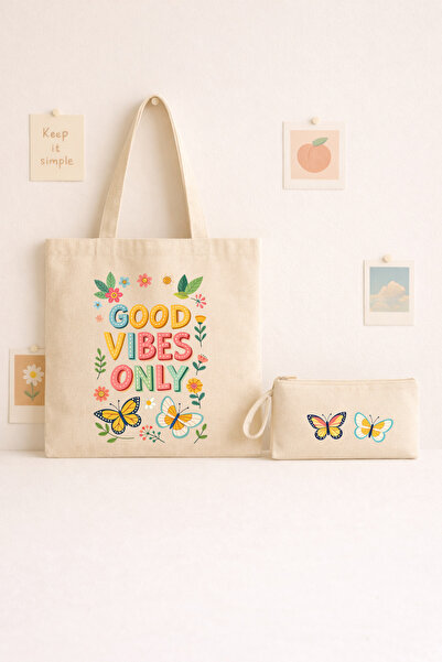Maki Craft Good Vibes Only Baskılı Bez Çanta ve Kalemlik 2’li Set – Renkli Çi...