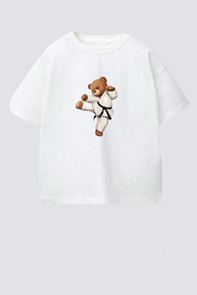 Monila تي شيرت قطني للأولاد برقبة دائرية مطبوع عليه دب كاراتيه