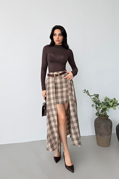 Serica Moda Beige Layered Detailed Plaid Skirt