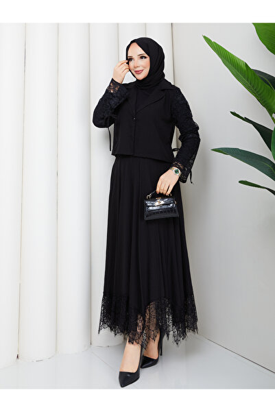 Wual giyim Women's Lace Detailed Hijab Two-Piece Set – Stylish Vest Top & Lon...