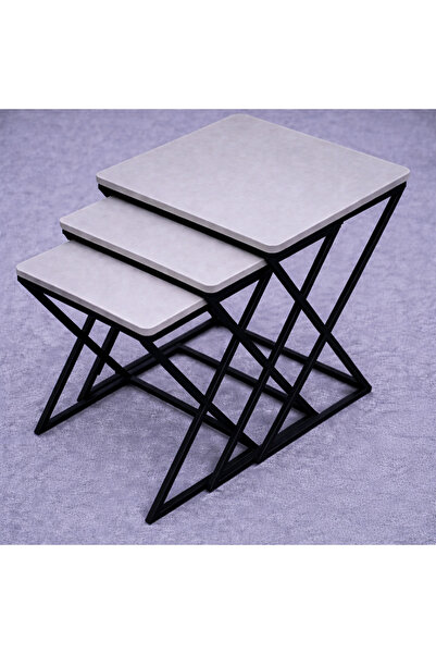Riyes Tasarım X model 3 ‘lü Zigon Hayglass Siyah metal ayaklı Yan Sehpa - Seh...