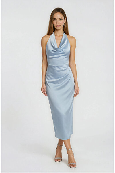 Spazio Sagnier Degaje Yaka Boyundan Bağlamalı Asimetrik Etek Midi Abiye Elbis...