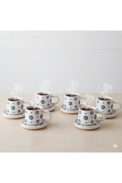 moda marifet 6 Kişilik Modern Nazar Boncuğu Desenli Seramik Kahve & Çay Finca...