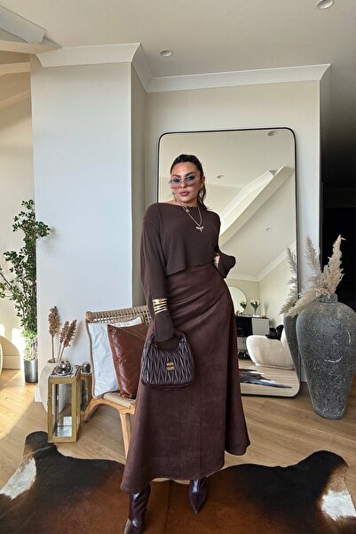 Sohotique By P Fusta elastică cu talie groasă, aspect de piele întoarsă, maro