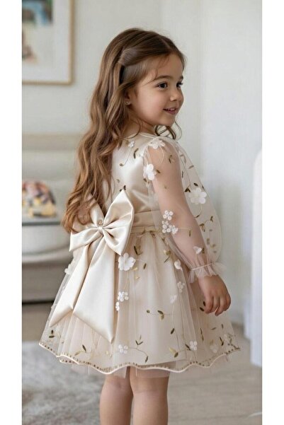 BİLGEN Style KIZ ÇOCUK BAYRAMLIK ELBİSE (KREM RENK )PAMUKLU 3D BOYUTLU GÜL DE...