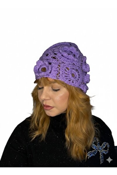Handmade Hand-Made Crocheted Women's Beanie, 3D Floral Textured Model