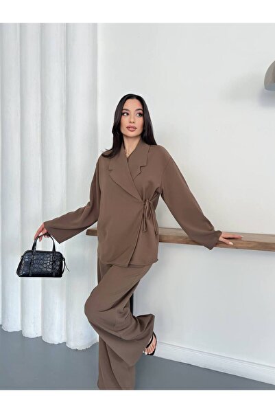 ZF BUTİK Women's Double-Breasted Collar Waist Tie Detailed Trouser Suit