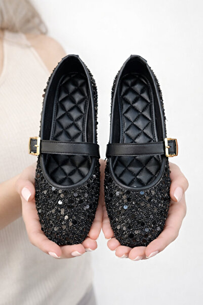 redtan Balerini negri cu cataramă cu paiete pentru femei, pantofi casual cu d...