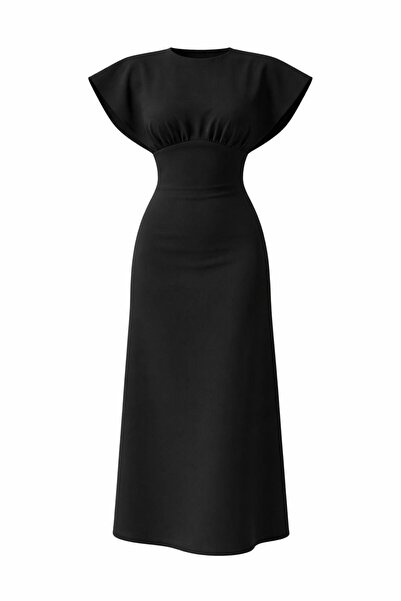 HAZELANNA Bel Büzgü Detaylı Siyah Elbise