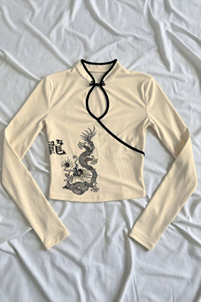 Köstebek Ecru Mandarin Collar Dragon Motif Vintage Qipao Y2K Long Sleeve Crop