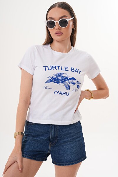 ŞİMAL Γυναικείο μπλουζάκι με λεπτομέρεια στάμπας και λαιμόκοψη  "ποδηλάτου " ...