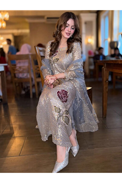 MYSMAR Gray Faux Georgette Kurta Bottom & Dupatta Set - HRT7101 | Gray