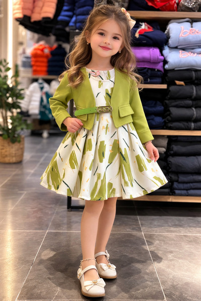 MODA NUR Desenli Elbise ve Yeşil Ceket Kombin