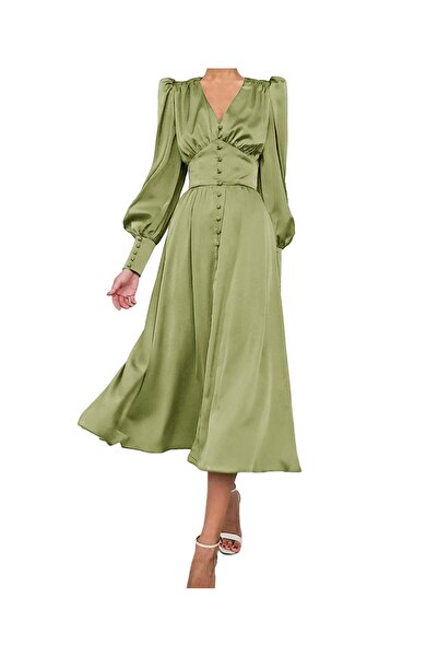 OEM Rochie Maxi Eleganta - Satin Vintage, Talie Inalta, Maneci Bufante - Verd...