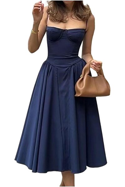 OEM Rochie Damă Vintage de Vară - Lungă, Croială A, Bretele Spaghetti, Albast...